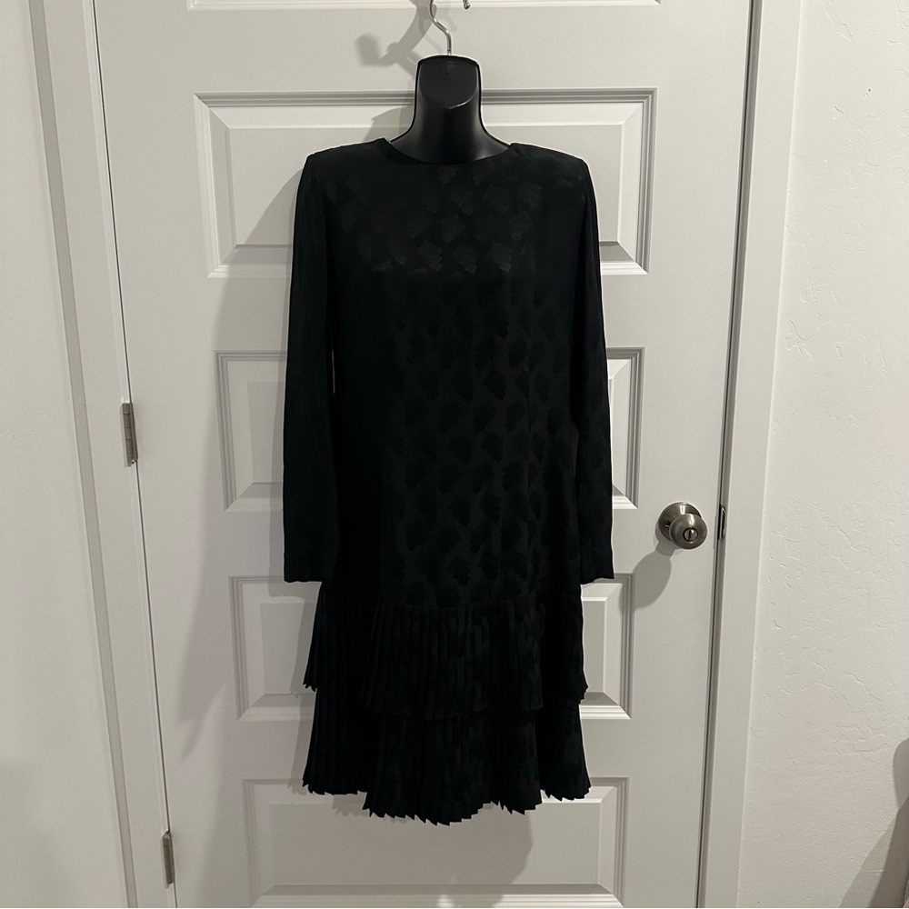 Vintage Liz Claiborne Black Pleated Silk Long Sleeve Dress
